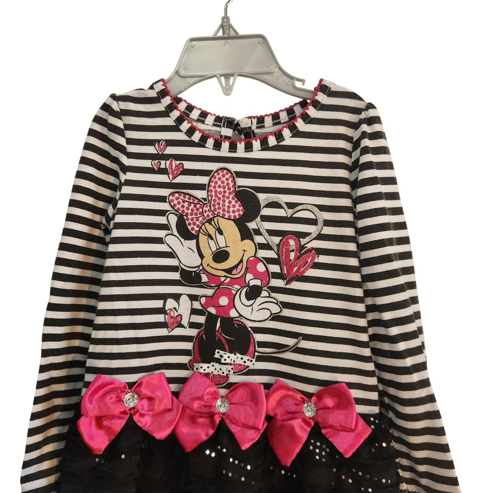 Disney Minnie Mouse Bling‎ Dress Black White Stripe Pink Bows Girls Size 3T